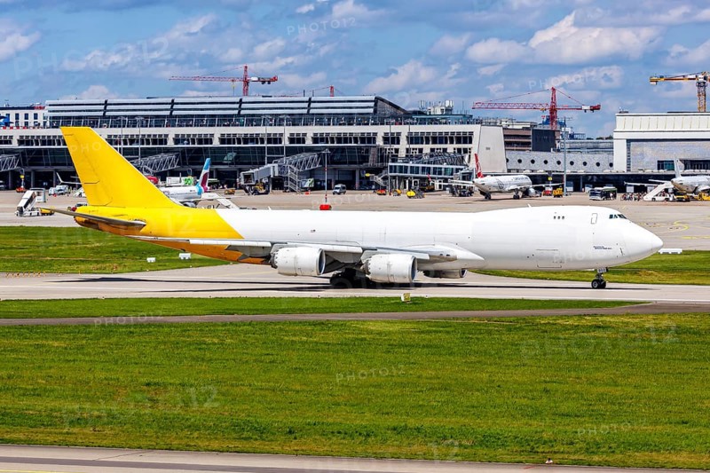 An Atlas Air Boeing 747-8F aircraft with the registration number N852GT at Stuttgart Airport, Germany, Europe