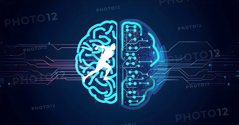 Abstract brain split into two halves, one side athletic motion, the other side neural network, vibrant colors, symbol for artificial intelligence in sport, AI generated