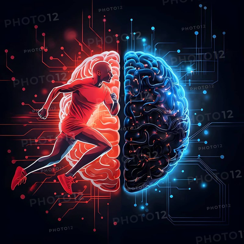 Abstract brain split into two halves, one side athletic motion, the other side neural network, vibrant colors, symbol for artificial intelligence in sport, AI generated