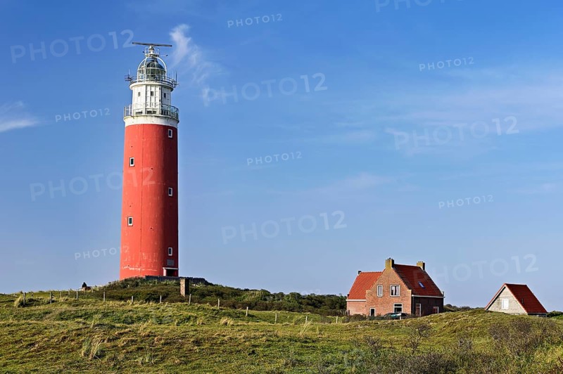 Lighthouse Eierland with houses, De Cocksdorp, Texel, West Frisian Islands, province North Holland, Netherlands