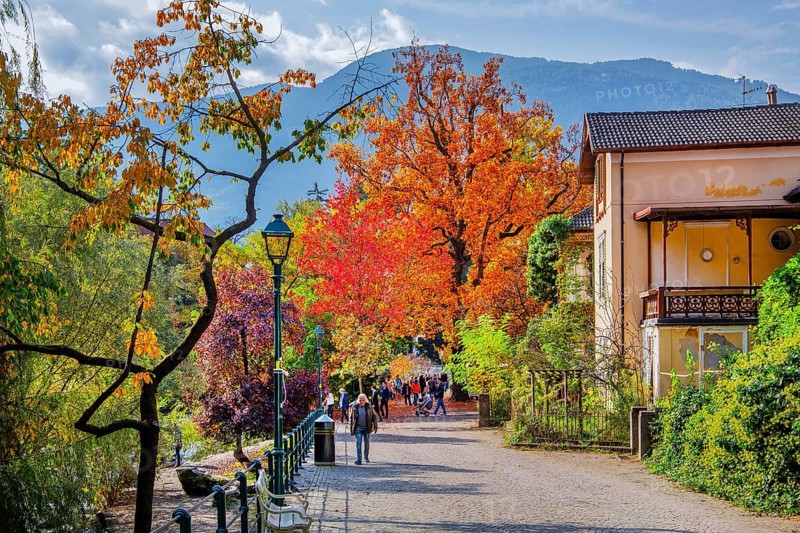 Winter promenade on the River Passer in autumn, Merano, Burggrafenamt, Adige Valley, South Tyrol, Italy, Europe