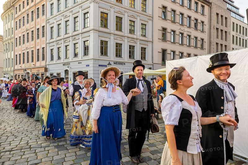 Dresden celebrated the 250th birthday of Caspar David Friedrich with a birthday party and a big city bet between Greifswald and Dresden, The Romantic's Duell. In Dresden 2033 people appeared in disguise and in Greifswald 2241, so Greifswald won the bet, city bet on the Neumarkt, Düll der Romantiker, Dresden, Saxony, Germany, Europe