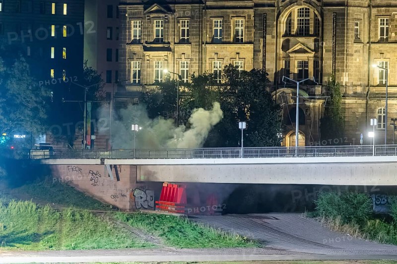 In the early hours of the morning, a section of the Carola Bridge collapsed for unknown reasons. Over a length of around 100 metres, the section on which the trams normally run has collapsed into the Elbe. The demolition of the collapsed bridge section began in the night of 13 September, here the blasting of the heating line that runs inside the bridge, Demolition of the collapsed bridge sections of the Carola Bridge in Dresden, Dresden, Saxony, Germany, Europe
