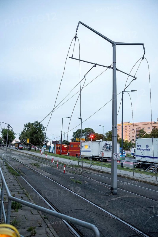 The tram overhead line is torn down after the partial collapse of the Carola Bridge in Dresden, 11/09/2024