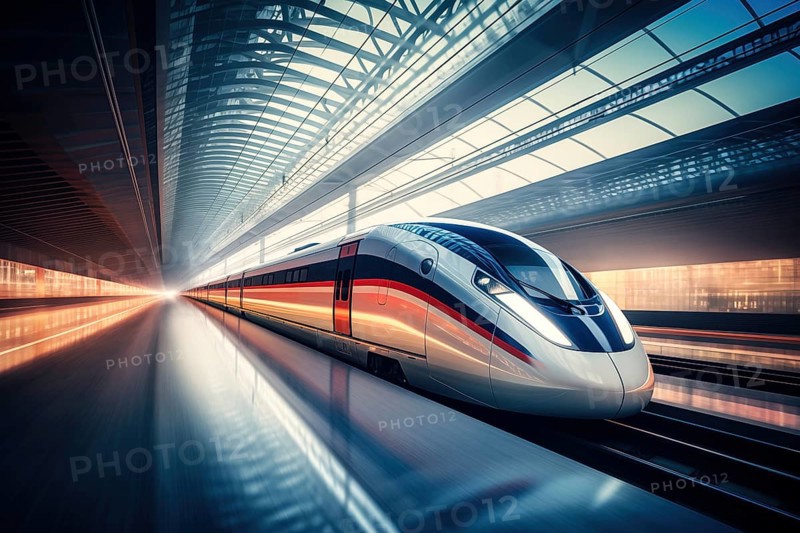 Modern high speed train in a futuristic train station. Modern transportation technology, speed, travel concepts. Railroad with motion blur effect, AI generated