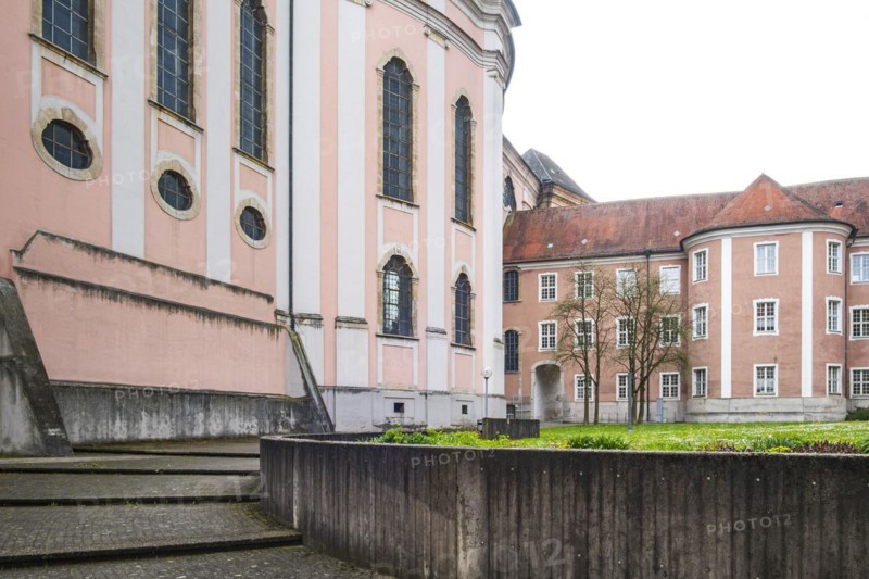 View on the north-east side into the inner courtyard of the former Benedictine abbey of Wiblingen monastery, Ulm, Baden-Württemberg, Germany, for editorial use only, Europe