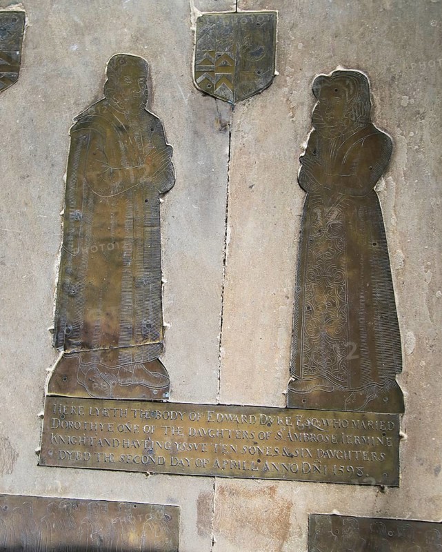 Tudor brass memorials Edward Duke family, 1593, St Mary parish church, Benhall, Suffolk, England, UK