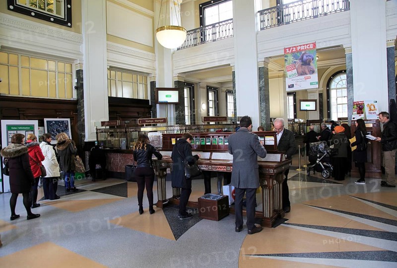 People inside the General Post Office building, O' Connell Street, Dublin city centre, Ireland, Republic of Ireland, Europe