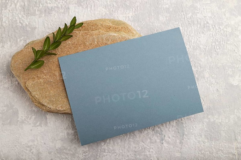 Blue paper business card, mockup with natural stone and boxwood branch on gray concrete background. Blank, flat lay, top view, still life, canvas, copy space