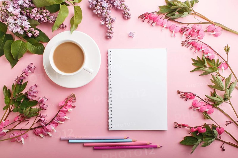 Purple lilac and bleeding heart flowers and a cup of coffee with notebook and colored pencils on pastel pink background. Morninig, spring, fashion composition. Flat lay, top view