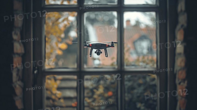 A UAV unmanned aircraft drone flying just outside the window of A house, AI generated