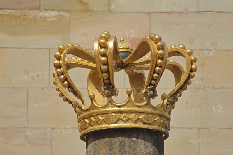 Golden royal crown as a memorial to the Prussian era after 1815, arts and crafts, jewellery, baubles, pearls, crown, detail, golden, Prussian, German Gate, Saarlouis, Saarland, Germany, Europe