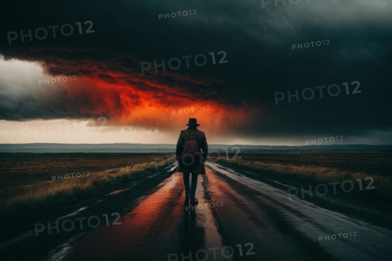 A man is walking down a road in the rain. The sky is dark and cloudy, and the man is wearing a red jacket. Scene is somber and melancholic, as the man walks alone in the rain, AI generated