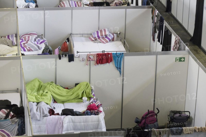 Temporary rooms with beds are set up in an emergency shelter for refugees on 9 December 2015 in a former hangar at Tempelhof Airport, Berlin, Berlin, Germany, Europe