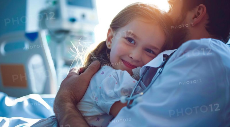 Doctor hugging little girl in hospital room. Smiling young girl being held by a doctor, AI generated
