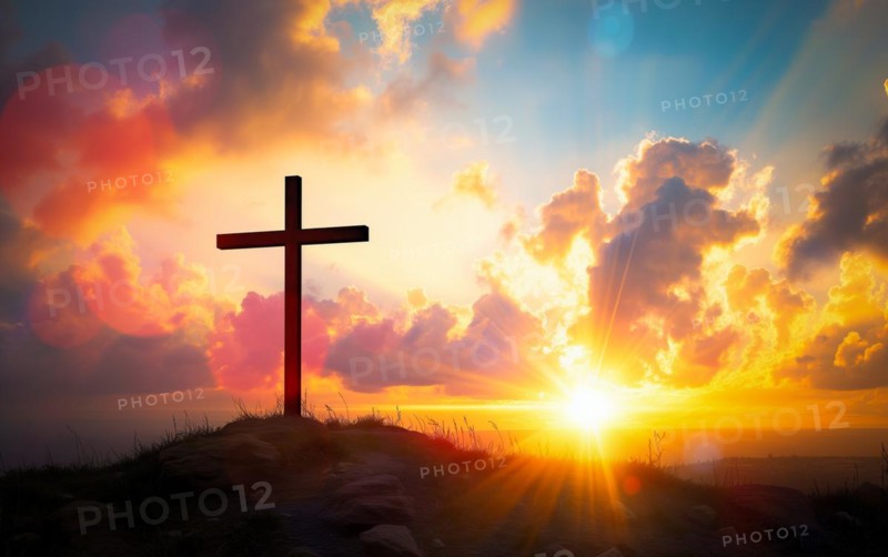 Easter concept cross on Golgotha Calvary hill against a dramatic sunset, AI generated