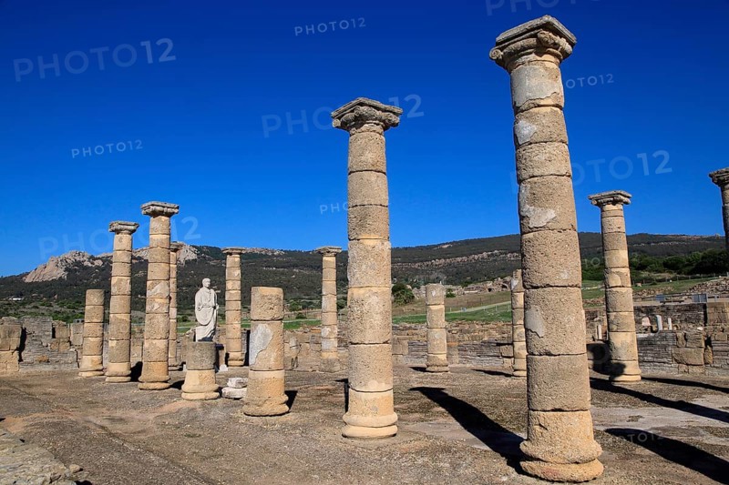 Statue of Emperor Trajan in the forum, Baelo Claudia Roman site, Cadiz Province, Spain, Europe