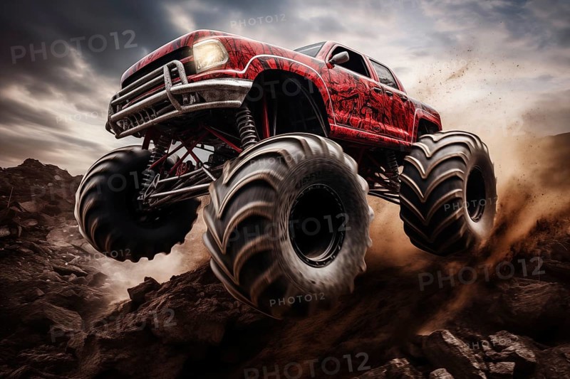 Monster truck driving and jumping outdoors amidst a cloud of dust. Thrill and adrenaline of an outdoor racing event on off-road terrain, AI generated