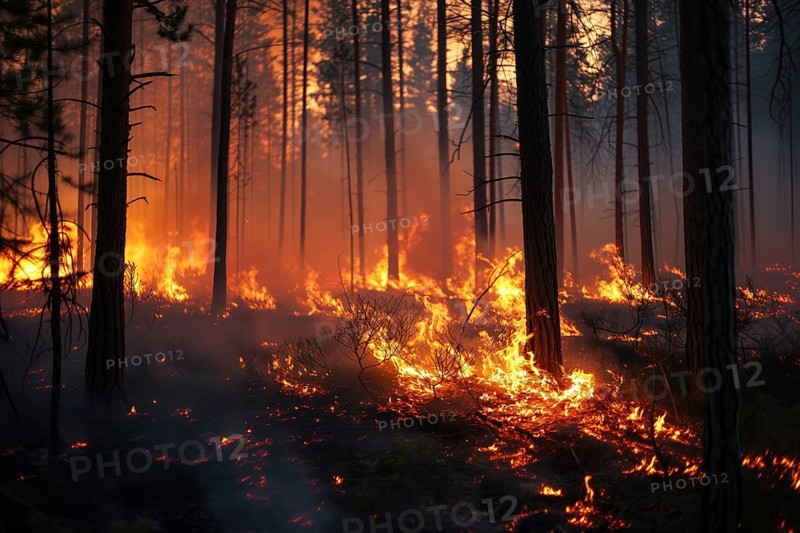 A forest wildfire is raging through a wooded area. Trees are on fire and flames are spreading quickly. Air is thick with smoke, AI generated