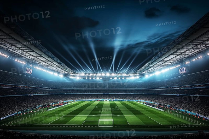 A soccer field with a large crowd of people watching the game. The stadium is lit up with bright lights, creating a lively atmosphere, AI generated