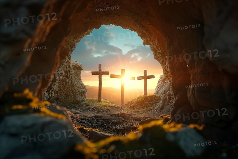 Easter concept, three crosses on Golgotha Calvary hill against a dramatic sunset seen from open tomb of Jesus, AI generated