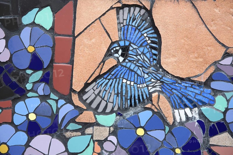 Wall mosaic with blue jay by Isidora Paz López 2019, one, blue, Floridian jay, bird figure, flower figures, handicrafts, tiles, tiles, Lopez, rock staircase, bird staircase, Pirmasens, Palatinate Forest, Rhineland-Palatinate, Germany, Europe