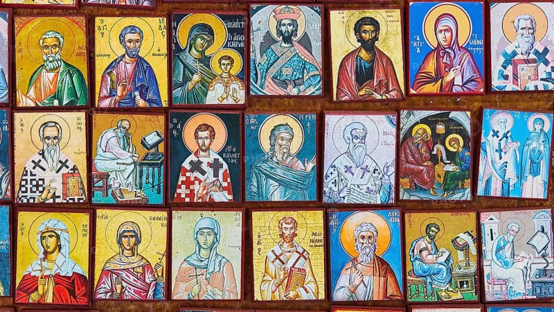 Wall with various colourful Christian icons, Koroni, Byzantine fortress, nunnery, Peloponnese, Greece, Europe