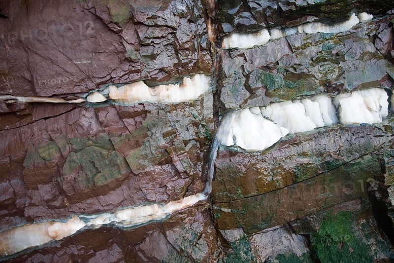 Faulting with veins of gypsum in Lower Lias rocks Watchet, Somerset, England, United Kingdom, Europe