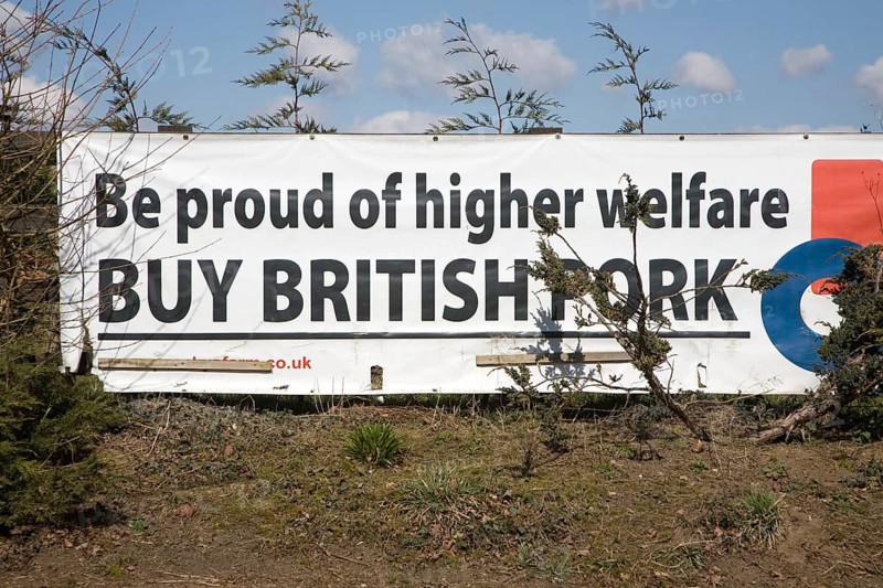 Banner advert 'Be proud of higher welfare buy British pork, Suffolk, England, United Kingdom, Europe
