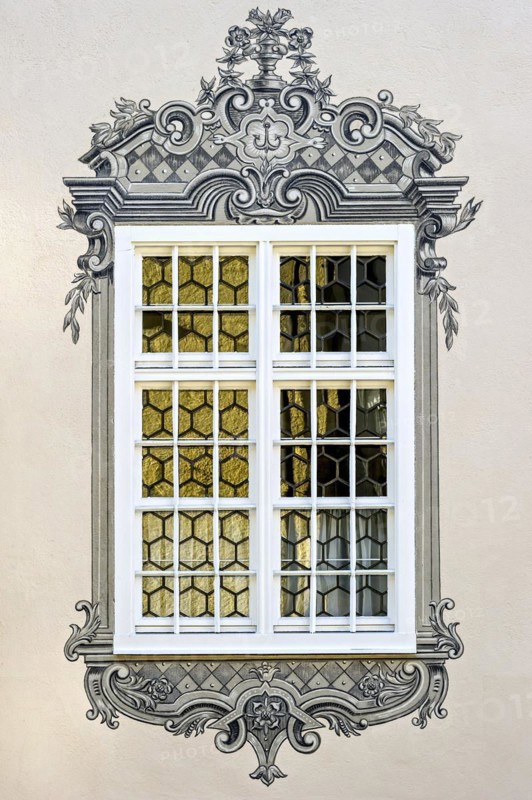 Air painting with Bavarian diamond pattern around window, Holy Cross Monastery, Old Town, Mindelheim, Swabia, Bavaria, Germany, Europe