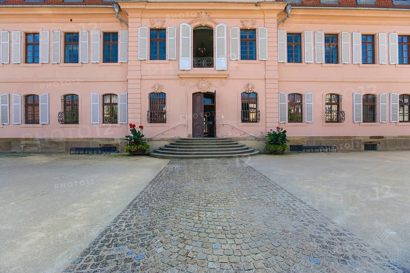 Stadionsche Schloss Bönnigheim, building, architecture, historical building, late baroque style, master builder Anton Haaf, built in 1756 on behalf of Imperial Count Anton Heinrich Friedrich von Stadion, Minister and Chancellor of the Archbishop and Elector of Mainz, country palace, summer residence, windows, white shutters, roof, north side, Bönnigheim, Ludwigsburg district, Baden-Württemberg, Germany, Europe
