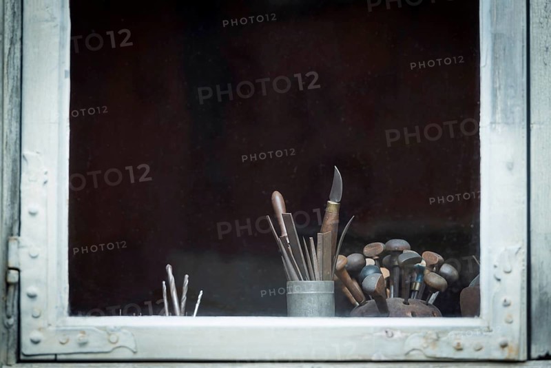 Window with carving tool, tool, workshop, old, traditional, tradition, craft, carving, wood, carpenter, carpenter's workshop, profession, training, cottage, Sweden, Europe