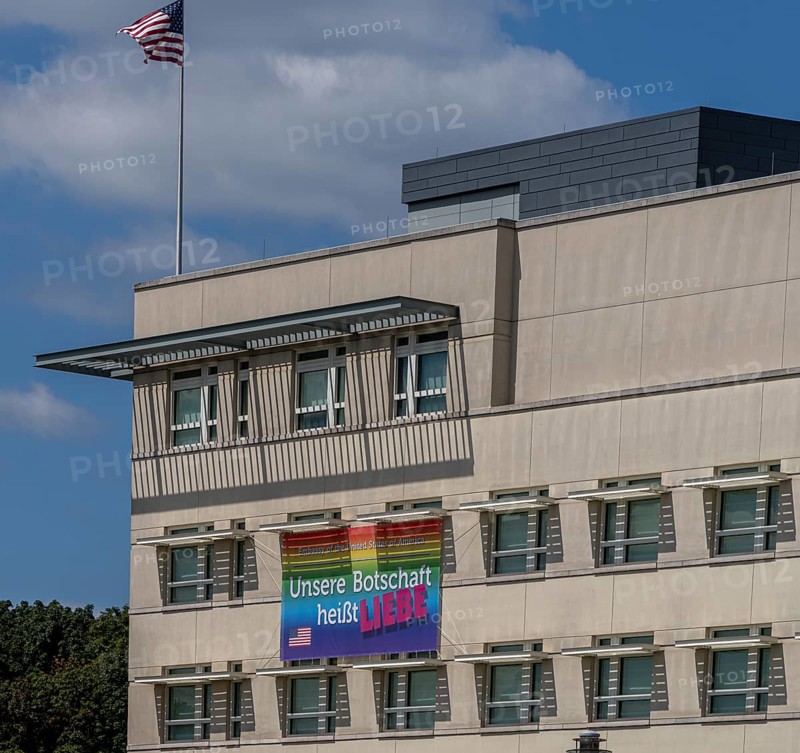 Banner with slogan, American Embassy at the Brandenburg Tor, Berlin, Germany, Europe