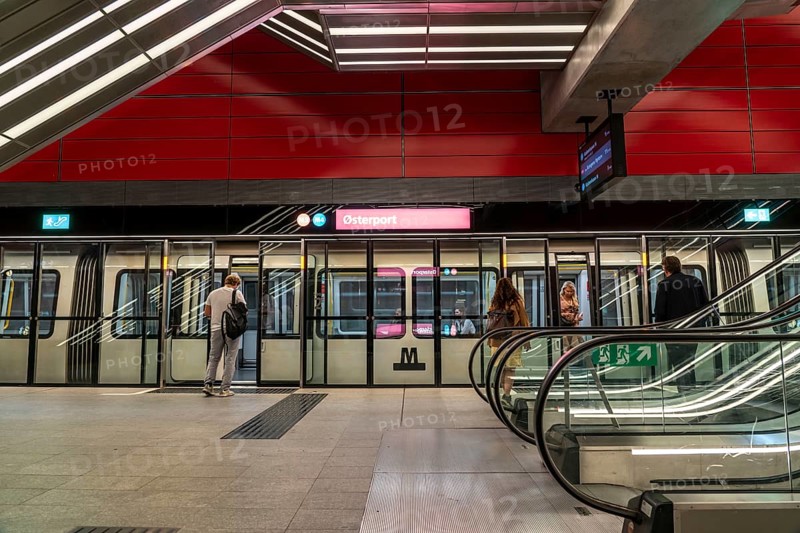 The metro, underground, light rail, in Copenhagen, 4 lines have been crossing the city since 2002, modern, driverless, automatic trains run every 2 minutes, platform screen doors, Denmark, Europe
