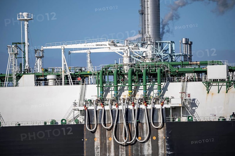 EemsEnergyTerminal, floating LNG terminal in the seaport of Eemshaven, tankers bring liquefied natural gas to the two production ships, Eemshaven LNG and Golar Igloo (photo), which thaw the liquefied gas and feed it into the normal natural gas grid, in operation since September 2022, Netherlands