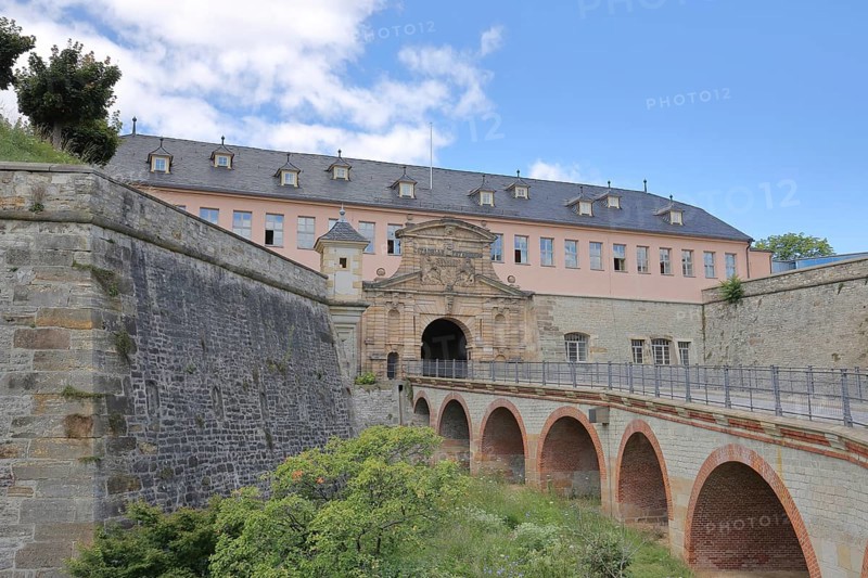 Stone arch bridge to the Commander's House with Peter's Gate built in 1666, baroque, city fortification, bastion, citadel, Petersberg, Erfurt, Thuringia, Germany, Europe