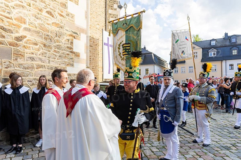 The so-called Bergstreittag is a beautiful centuries-old tradition and is celebrated on 22 July, the church memorial day and former feast day of Mary Magdalene in Schneeberg. The four quarterly sermons introduced in 1649 remained in place until 1845. These sermons were then abolished in favour of a single day, 22 July, which fell on Mary Magdalene. The Freiberg Mining Office recommended that this day should be celebrated with a festival and a mountain parade. In 1846, the Royal Ministry of Finance issued a decree to celebrate St Mary Magdalene's Day with a sermon and a magnificent mountain procession. The last major procession took place in July 1913. The First World War put an end to these processions. The tradition was not revived until July 1933, 528th Bergstreittag, church service in St Wolfgang's Church, Schneeberg, Saxony, Germany, Europe