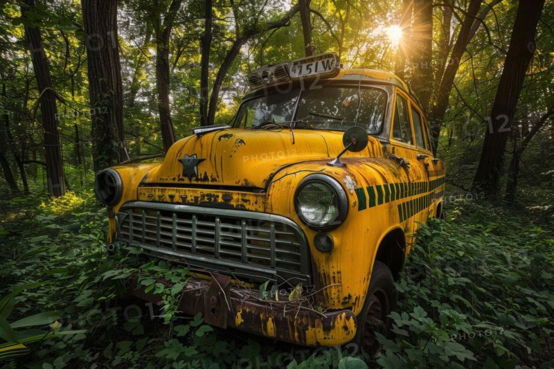 An old, weathered and dusty US-American vintage taxi car, wreck, of the Chevrolet type from the 1950s stands in a forest, car graveyard, between trees, symbolic image for restoration, repair, recovery of historical cultural assets, AI generated, AI generated, AI generated