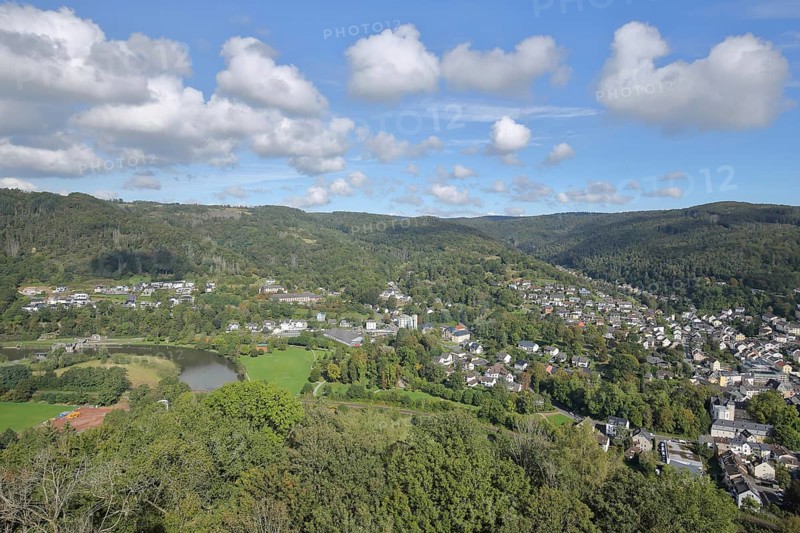 View from Nassau Castle to cityscape with Lahn valley and Westerwald, view down, aerial view, Lahn, Nassau, Rhineland-Palatinate, Germany, Europe