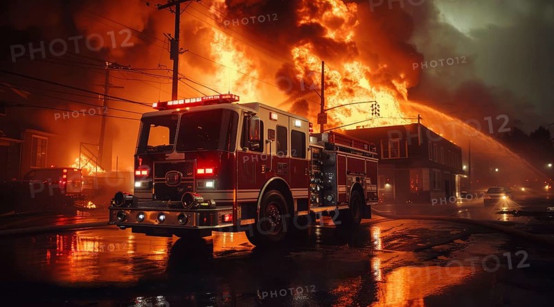 A fire truck on a street next to a burning house. Fireman and first responders extinguish the fire, AI generated