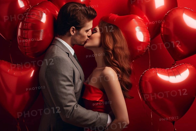 Couple in love kissing in front of red background with romantic heart shaped foil balloons. KI generiert, generiert AI generated