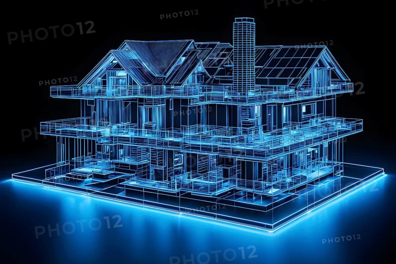 Hologram blue modern house on table, ai generated, AI generated