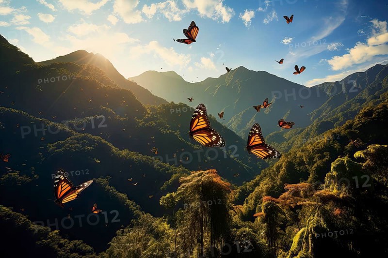 Big group of stylized yellow monarch butterflies flying in a natural environment, AI generated