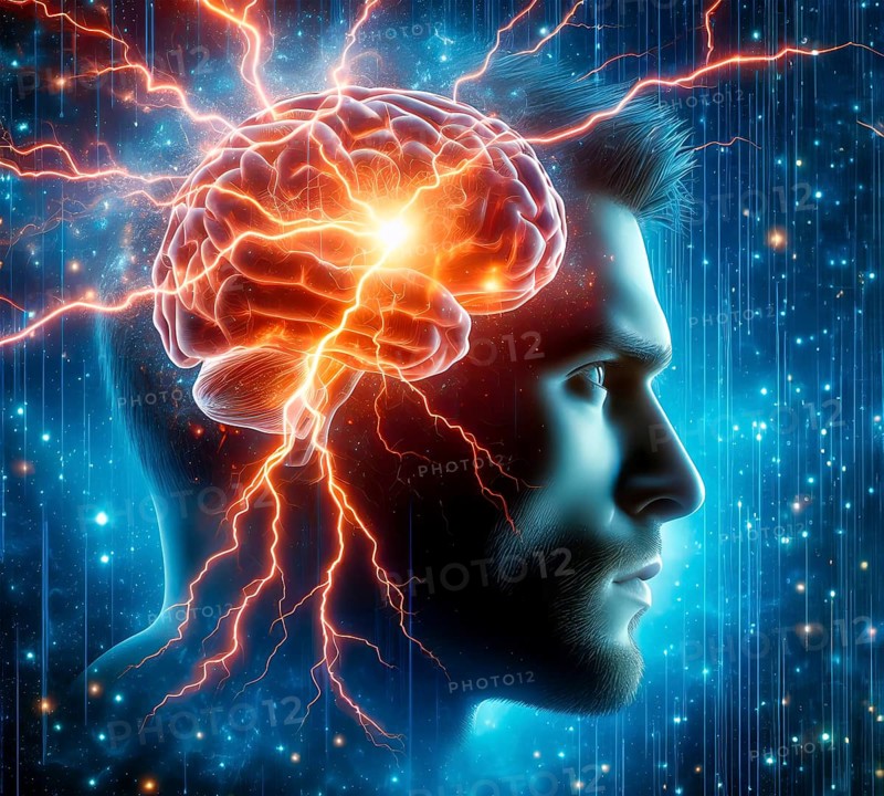 A man's brain emits flashes, symbolic image creative thinking, thought, thought flash, intelligence, medicine, human brain, networking, neurons, nervous system, AI generated, AI generated