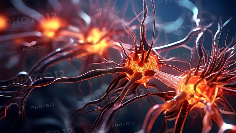 Abstract microscopic view on nerve cells intermingled with cancer cell, AI generated