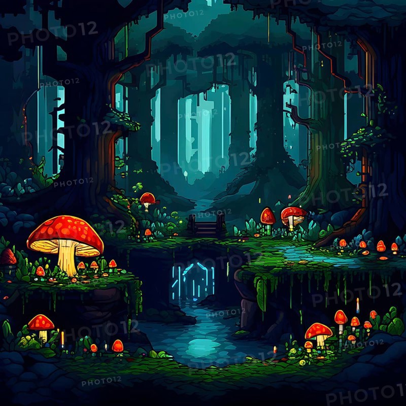 Enchanted magical forest in pixel art style with glowing mushrooms, AI generated