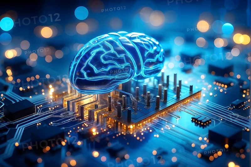 Human brain intricately interlinked with the circuits of a computer board symbolizing artificial intelligence, AI generated