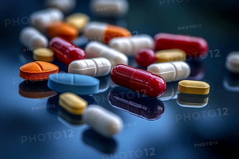 Many colorful medical pills and capsules on blue background. Generative AI, AI generated