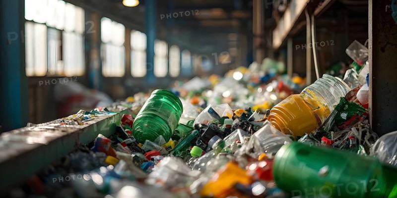 Plastic recycling process with shredded pet bottles and assorted plastic waste compressed, AI generated