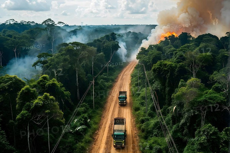 Trucks loaded with freshly cut timber wind through the narrow paths of the diminishing amazon rainforest, AI generated